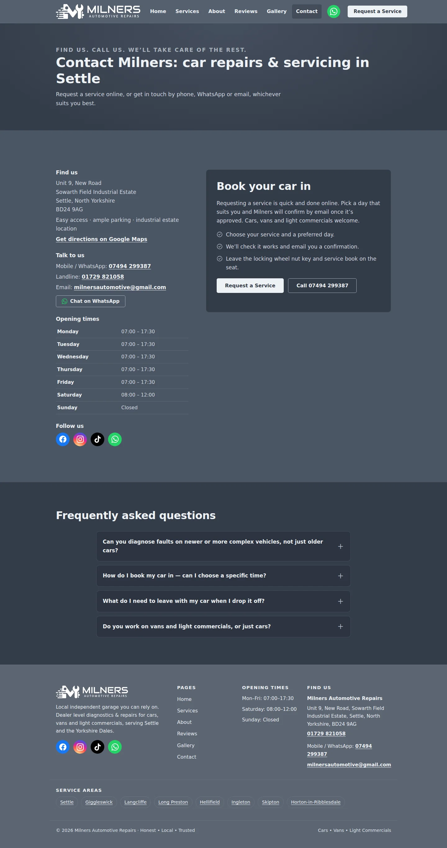 Milners contact page with tap-to-call cards, a map, and the booking form with service dropdown, date picker and live time-slot grid.