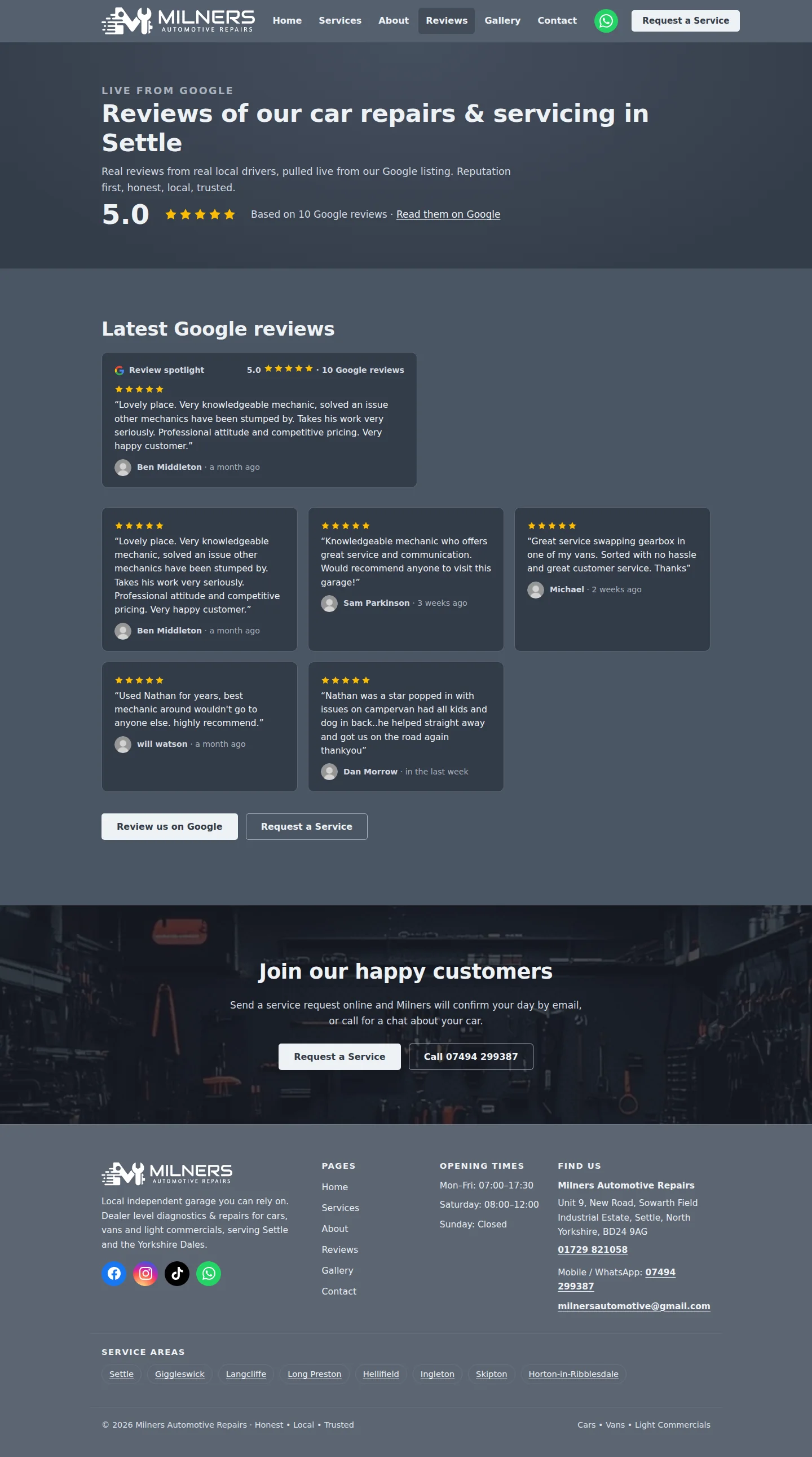 Milners reviews page, built to pull the garage's own Google reviews in automatically, captured here in its pre-launch state with the feed still switched off.